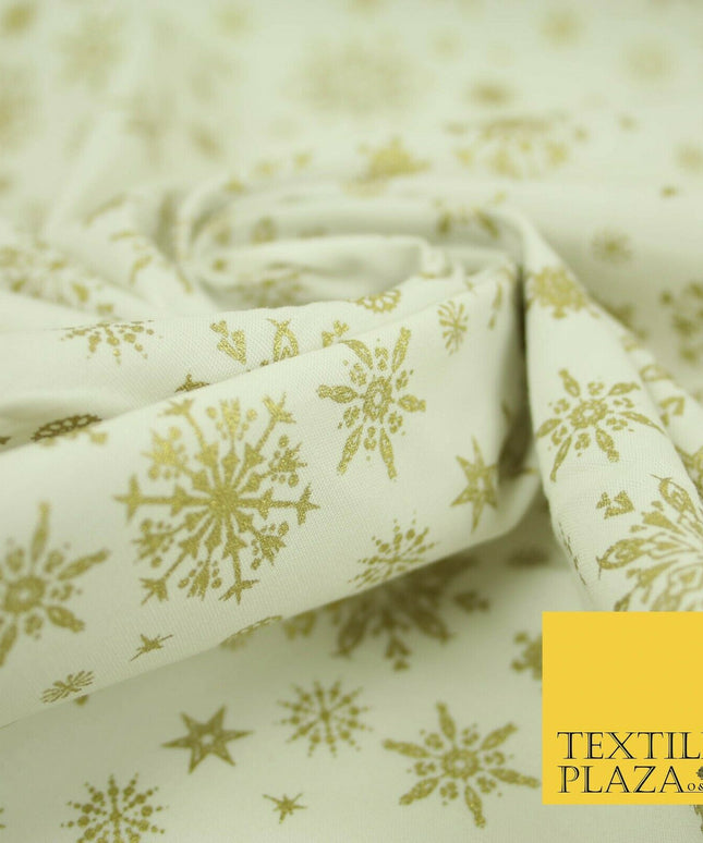 Ivory Cream Gold Metallic Falling Snowflakes Printed 100% Cotton Fabric 4119