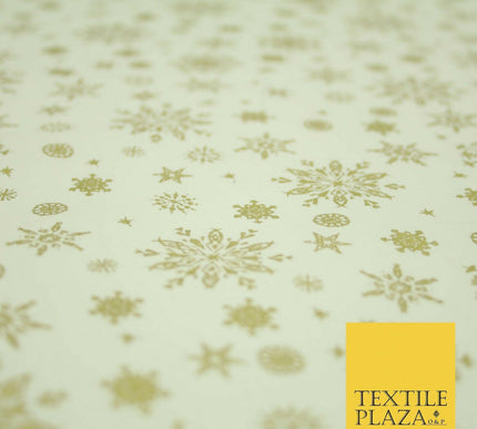 Ivory Cream Gold Metallic Falling Snowflakes Printed 100% Cotton Fabric 4119