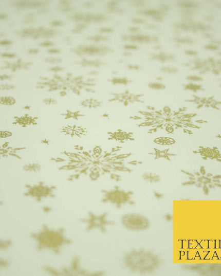 Ivory Cream Gold Metallic Falling Snowflakes Printed 100% Cotton Fabric 4119