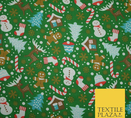 Festive Snowman Reindeer Christmas Printed Poly Cotton Fabric Polycotton 45"