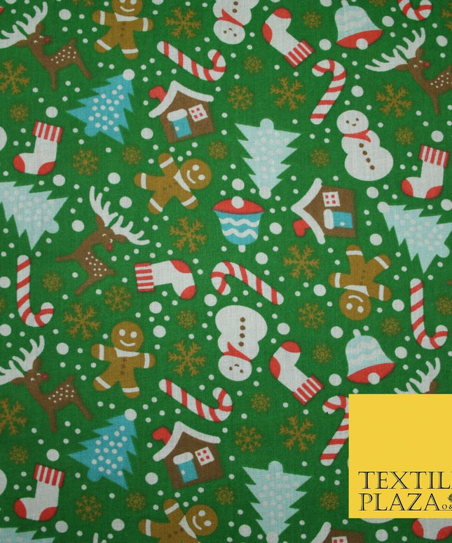Festive Snowman Reindeer Christmas Printed Poly Cotton Fabric Polycotton 45"