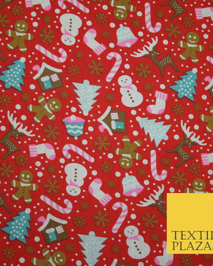 Festive Snowman Reindeer Christmas Printed Poly Cotton Fabric Polycotton 45"