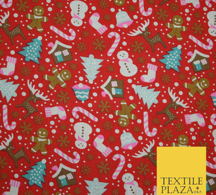 Festive Snowman Reindeer Christmas Printed Poly Cotton Fabric Polycotton 45"