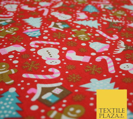 Festive Snowman Reindeer Christmas Printed Poly Cotton Fabric Polycotton 45"
