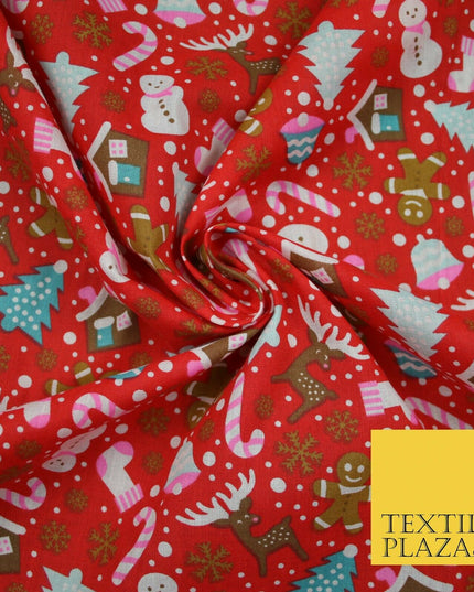 Festive Snowman Reindeer Christmas Printed Poly Cotton Fabric Polycotton 45"