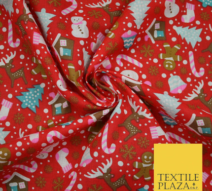 Festive Snowman Reindeer Christmas Printed Poly Cotton Fabric Polycotton 45"