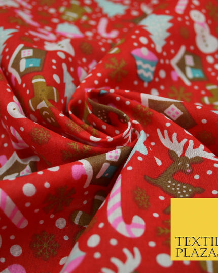 Festive Snowman Reindeer Christmas Printed Poly Cotton Fabric Polycotton 45"