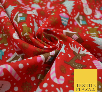 Festive Snowman Reindeer Christmas Printed Poly Cotton Fabric Polycotton 45"