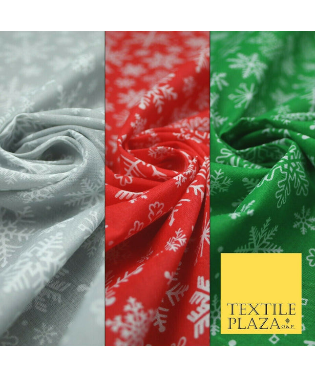 Festive White Snowflakes Christmas Printed Poly Cotton Fabric Polycotton 45"
