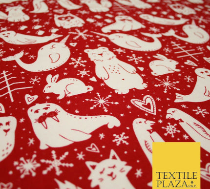 Red Festive Woodland Animals Winceyette Soft Brushed Cotton Print Fabric 3964