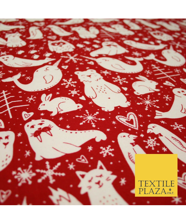 Red Festive Woodland Animals Winceyette Soft Brushed Cotton Print Fabric 3964