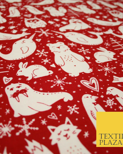Red Festive Woodland Animals Winceyette Soft Brushed Cotton Print Fabric 3964