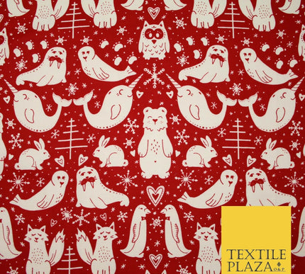 Red Festive Woodland Animals Winceyette Soft Brushed Cotton Print Fabric 3964
