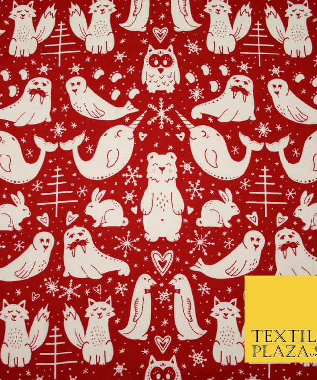 Red Festive Woodland Animals Winceyette Soft Brushed Cotton Print Fabric 3964