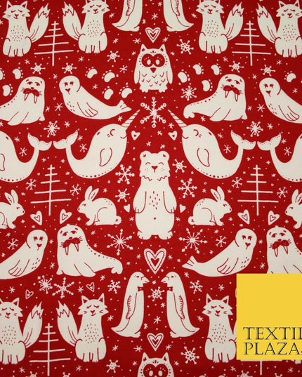 Red Festive Woodland Animals Winceyette Soft Brushed Cotton Print Fabric 3964
