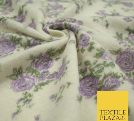 Ivory Lilac Floral Roses Soft Brushed Knit Jersey Fabric Stretch Dress 54" 5093