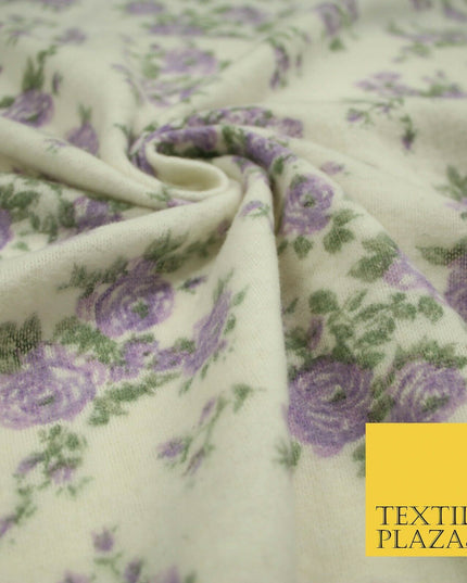 Ivory Lilac Floral Roses Soft Brushed Knit Jersey Fabric Stretch Dress 54" 5093