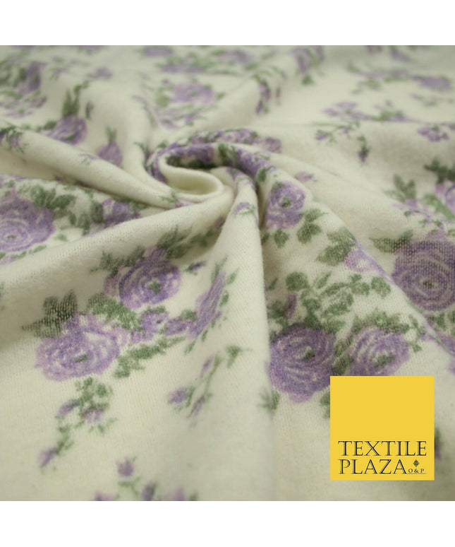 Ivory Lilac Floral Roses Soft Brushed Knit Jersey Fabric Stretch Dress 54" 5093