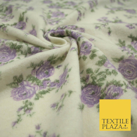 Ivory Lilac Floral Roses Soft Brushed Knit Jersey Fabric Stretch Dress 54" 5093