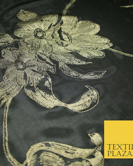 Black Gold Metallic Large Floral Printed Power Mesh Net Stretch Dress Fabric5096