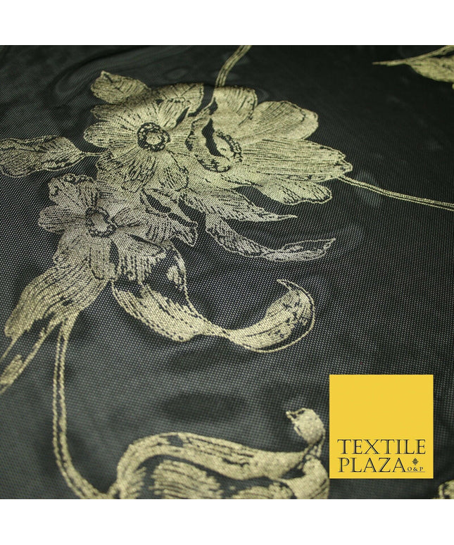 Black Gold Metallic Large Floral Printed Power Mesh Net Stretch Dress Fabric5096
