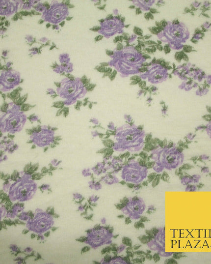 Ivory Lilac Floral Roses Soft Brushed Knit Jersey Fabric Stretch Dress 54" 5093