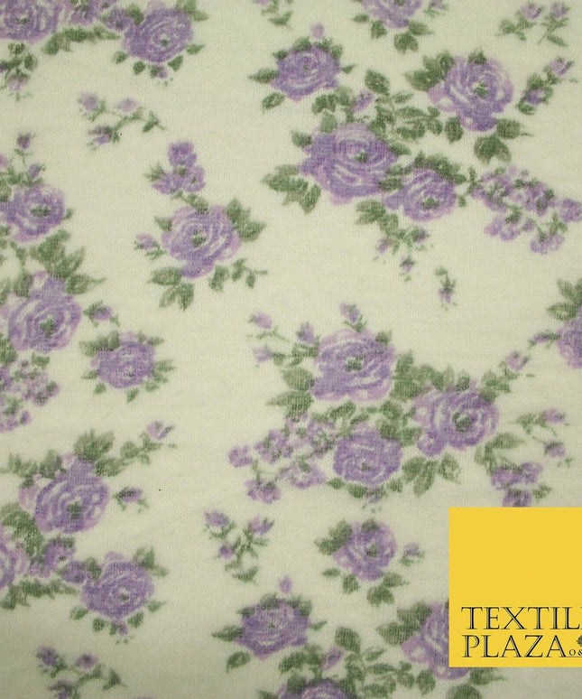 Ivory Lilac Floral Roses Soft Brushed Knit Jersey Fabric Stretch Dress 54" 5093