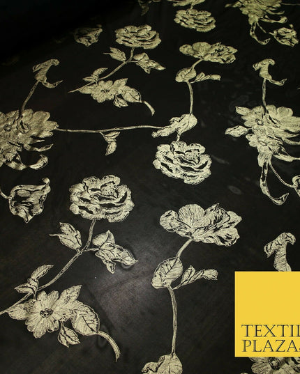 Black Gold Metallic Large Floral Printed Power Mesh Net Stretch Dress Fabric5096