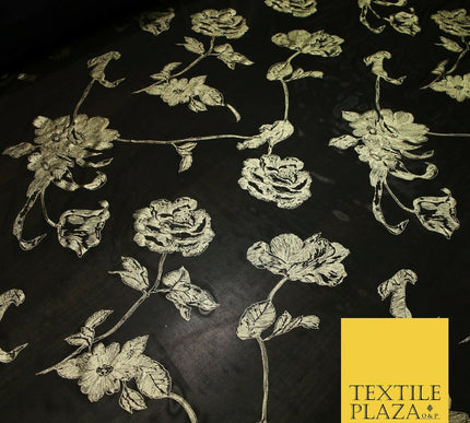 Black Gold Metallic Large Floral Printed Power Mesh Net Stretch Dress Fabric5096