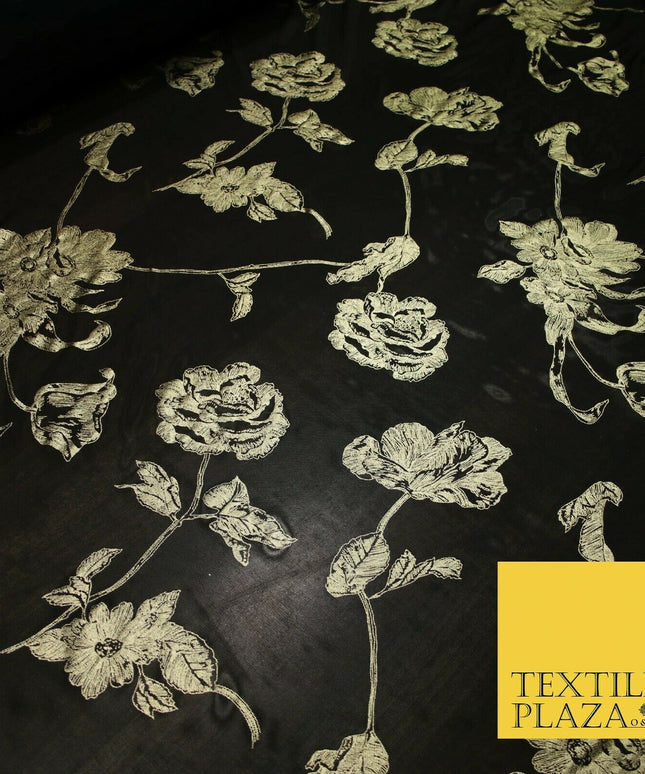 Black Gold Metallic Large Floral Printed Power Mesh Net Stretch Dress Fabric5096