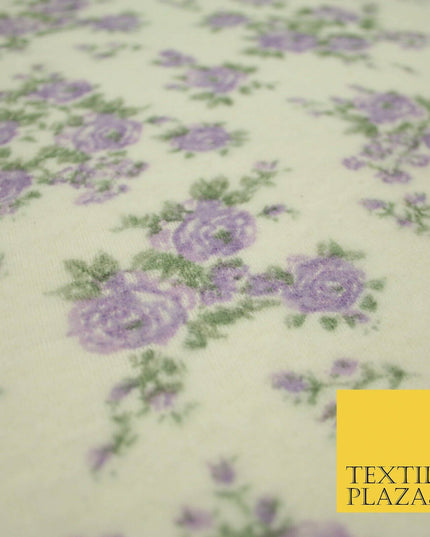 Ivory Lilac Floral Roses Soft Brushed Knit Jersey Fabric Stretch Dress 54" 5093