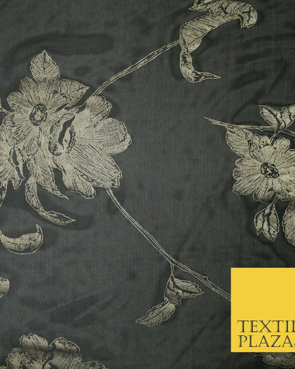 Black Gold Metallic Large Floral Printed Power Mesh Net Stretch Dress Fabric5096