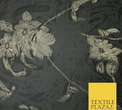 Black Gold Metallic Large Floral Printed Power Mesh Net Stretch Dress Fabric5096