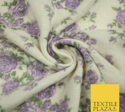 Ivory Lilac Floral Roses Soft Brushed Knit Jersey Fabric Stretch Dress 54" 5093