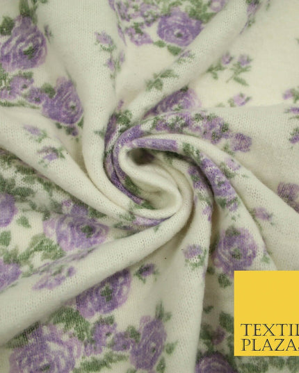 Ivory Lilac Floral Roses Soft Brushed Knit Jersey Fabric Stretch Dress 54" 5093