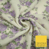 Ivory Lilac Floral Roses Soft Brushed Knit Jersey Fabric Stretch Dress 54" 5093