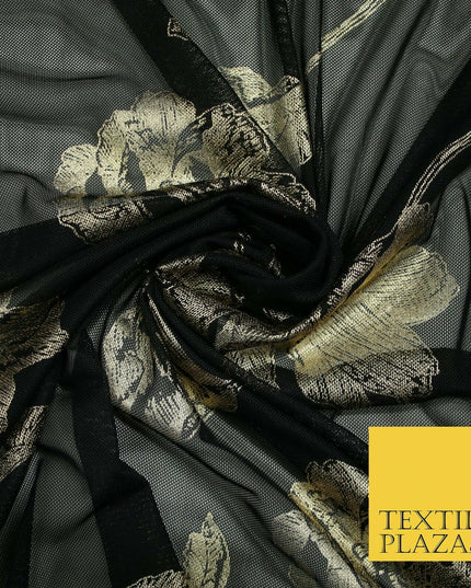 Black Gold Metallic Large Floral Printed Power Mesh Net Stretch Dress Fabric5096