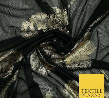 Black Gold Metallic Large Floral Printed Power Mesh Net Stretch Dress Fabric5096