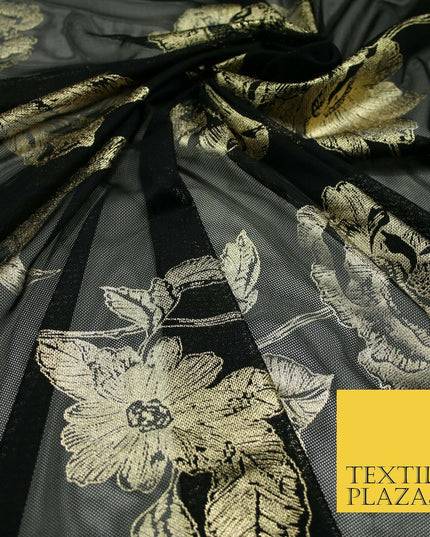 Black Gold Metallic Large Floral Printed Power Mesh Net Stretch Dress Fabric5096