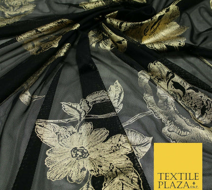 Black Gold Metallic Large Floral Printed Power Mesh Net Stretch Dress Fabric5096