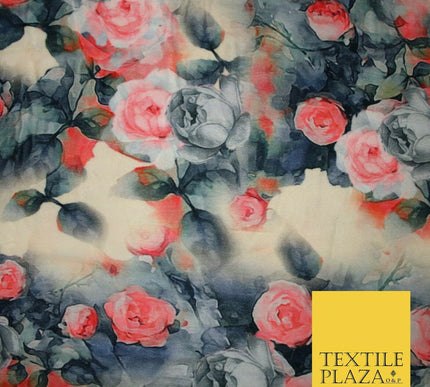Vintage Floral Roses Printed Soft Micro Velvet Velour Non Stretch Fabric 5175