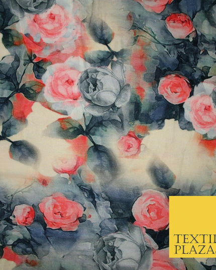 Vintage Floral Roses Printed Soft Micro Velvet Velour Non Stretch Fabric 5175