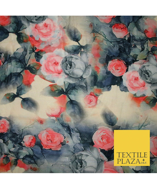 Vintage Floral Roses Printed Soft Micro Velvet Velour Non Stretch Fabric 5175