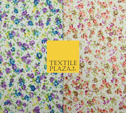 Ivory Mini Watercolour Floral Ditsy Printed Polycotton Fabric Dress Craft 44"