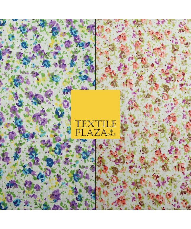 Ivory Mini Watercolour Floral Ditsy Printed Polycotton Fabric Dress Craft 44"