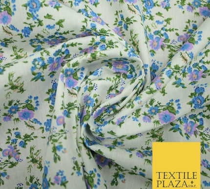 Ivory Blue Purple Mini Floral Printed Polycotton Fabric Dress Craft 44" 5168