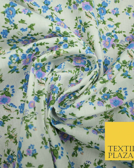 Ivory Blue Purple Mini Floral Printed Polycotton Fabric Dress Craft 44" 5168