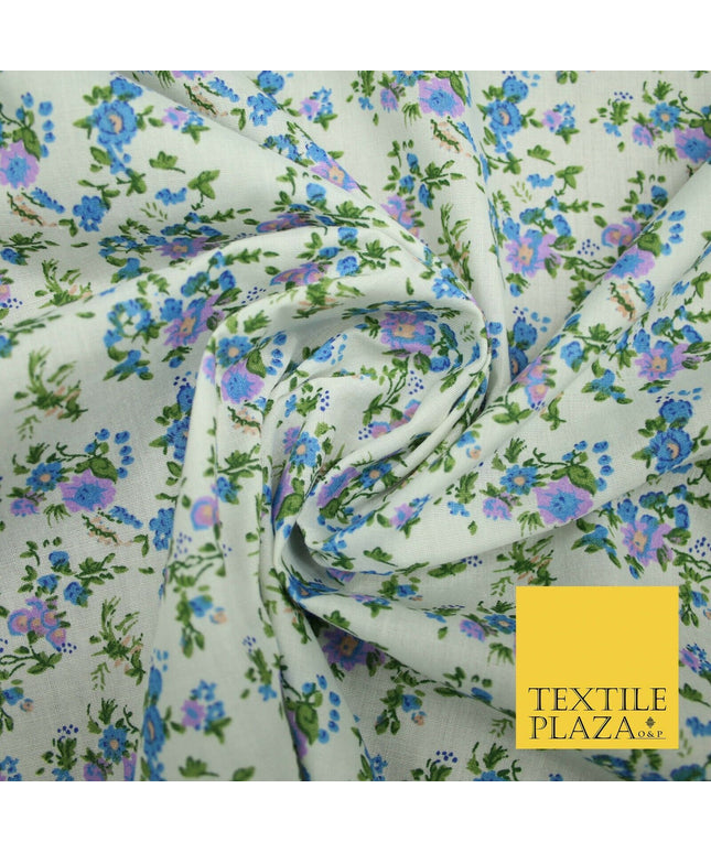 Ivory Blue Purple Mini Floral Printed Polycotton Fabric Dress Craft 44" 5168