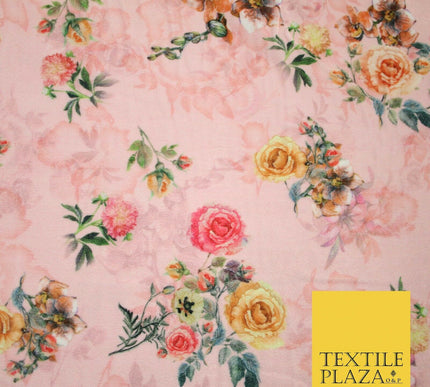 Baby Pink Floral Printed Soft Micro Velvet Velour Non Stretch Fabric Dress 5174