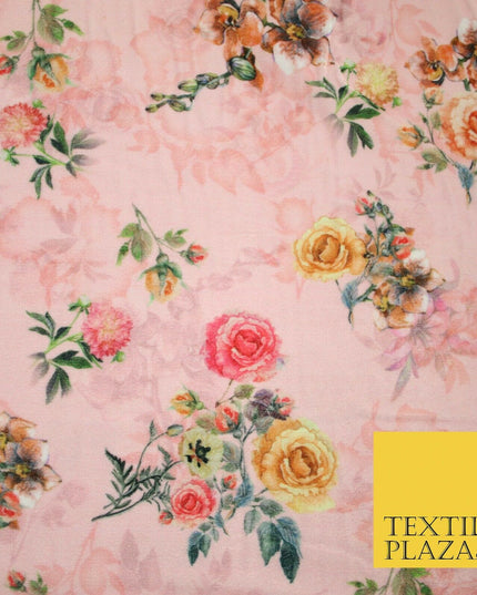 Baby Pink Floral Printed Soft Micro Velvet Velour Non Stretch Fabric Dress 5174